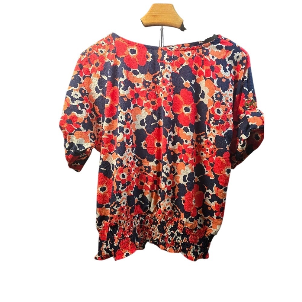 Michael Michael Kors Floral‎ Smocked Hem Blouse Red Orange Navy Blue Small